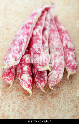 Pinto bean rouge pods on cutting board Banque D'Images