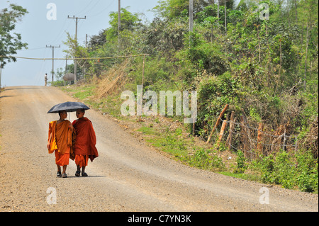 Deux novices bouddhistes marcher ensemble sous parapluie sur route en région éloignée du Laos Banque D'Images