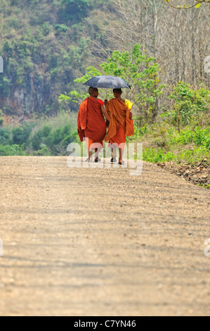 Deux novices bouddhistes marcher ensemble sous parapluie sur route en région éloignée du Laos Banque D'Images