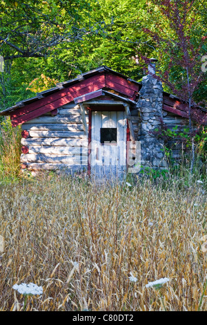 Un vieux pioneer log cabin situé sur l'île de Vancouver, Canada Banque D'Images