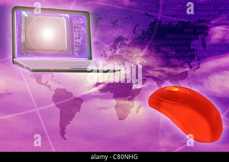 Digital World concept : ordinateur portable et la souris sur la carte du monde et le circuit Banque D'Images