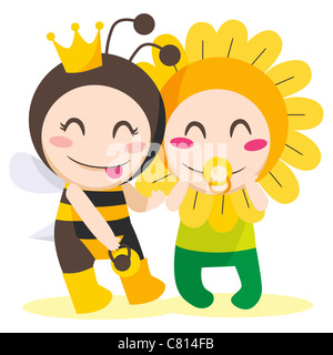 Les enfants avec Queen Bee and flower costumes jouer ensemble Banque D'Images