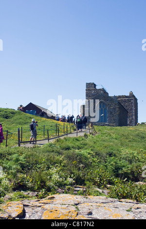 Les visiteurs arrivant sur Inner Farne, St Cuthbert's Chapel en arrière-plan, Iles Farne, côte de Northumberland, en Angleterre. Banque D'Images