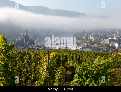 Tôt le matin voir de Bernkastel-Kues village de vignoble sur Moselle dans la vallée de la Moselle en Allemagne Banque D'Images