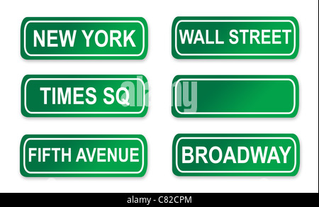 Ensemble de célèbre New York City street signs ; isolé sur fond blanc. Banque D'Images