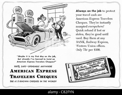 Publicité dans un magazine américain vers 1954 publicité AMERICAN EXPRESS CHÈQUES DE VOYAGE Banque D'Images