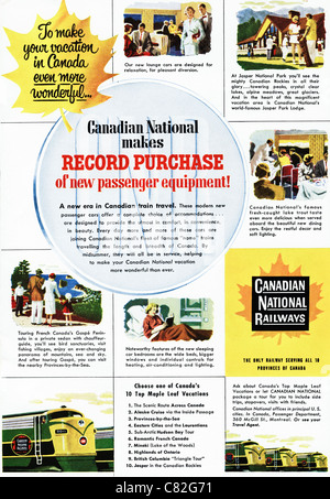 Publicité dans un magazine américain vers 1954 annonçant des vacances sur LES CHEMINS DE FER NATIONAUX DU CANADA Banque D'Images