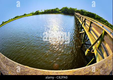 Jetée en bois s'avançant dans la baie marécageuse, pris avec 180 degrés lentille fish eye, NY, USA Banque D'Images