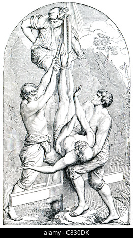 Gravure ancienne. La Crucifixion de Saint Pierre. Le livre "Histoire de la Religion Chrétienne', 1880 Banque D'Images