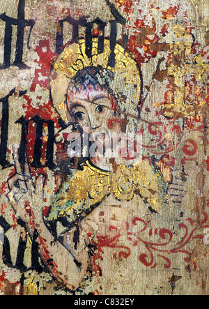 Prieuré Binham, Norfolk, jubé. Le Christ ressuscité, l'homme de douleur surimprimées avec texte de Cranmer's Bible Réforme Banque D'Images