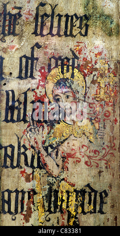 Prieuré Binham, Norfolk, jubé. Le Christ ressuscité, l'homme de douleur surimprimées avec texte de Cranmer's Bible Réforme Banque D'Images