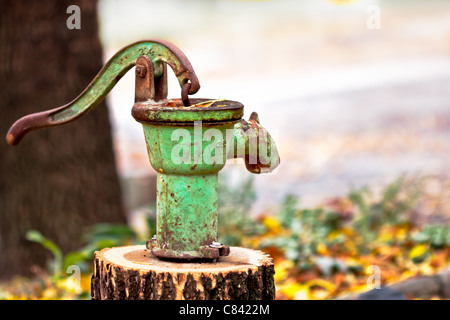 Rusty et une ancienne pompe à eau montée sur un rondin de bois sur un jour d'automne humide. Banque D'Images