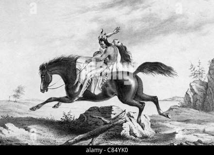 Imprimer de l'American Indian homme à cheval aux Caucasian woman, vers 1813 Banque D'Images