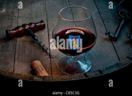 VOSNE-ROMANÉE Vin Français Situation de dégustation en cave avec un verre de Grand Cru Richebourg Bourgogne rouge vin Côte d'Or Bourgogne France Banque D'Images