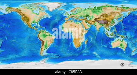 ETOPO1 est un 1 arc-minutes modèle global relief de la surface de la Terre qui intègre la topographie terrestre et océanique bathymétrie. Banque D'Images