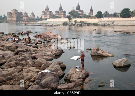 Chhatris sur la rive de la rivière Betwa à Orchha, Inde. Banque D'Images