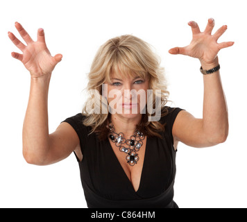 Taille de la femme de mauvaise humeur sur fond blanc. Banque D'Images