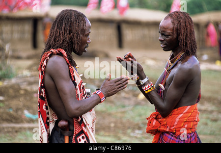 Lolgorian, au Kenya. Deux guerriers Masaï moran dans le village temporaire manyatta discuter de l'Eunoto cérémonie. Banque D'Images