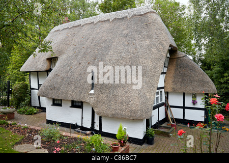 Chaumière britannique. . Un immense toit de chaume sur un faux cottage Tudor. Shottery Stratford upon Avon Warwickshire Angleterre Royaume-Uni Banque D'Images