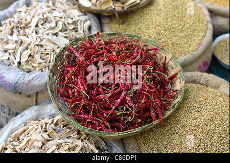 Des piments, coriandre, cardamome et skins mangues séchées en vente à Khari Baoli spice aliments séchés et marché, Old Delhi, Inde Banque D'Images