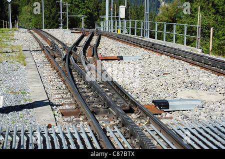 Point de fer / participation - Cog mountain railway track (système Strub), Oberland Bernois, Suisse Banque D'Images