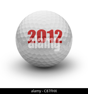 Balle de Golf avec l'année 2012 marquée au rouge vif sur fond blanc Banque D'Images