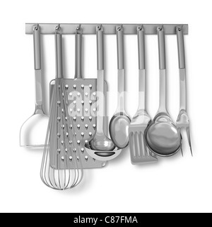 Les ustensiles de cuisine chrome de rack Banque D'Images