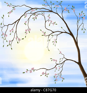 Illustration de sakura fleur de cerisier au printemps paysage lever contre le soleil Banque D'Images