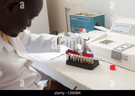 Un des techniciens de laboratoire des échantillons de sang d'essai des patients atteints du VIH dans un hôpital de Luanshya, Zambie. Banque D'Images