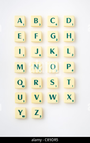 ABC lettre de scrabble sur fond blanc Banque D'Images