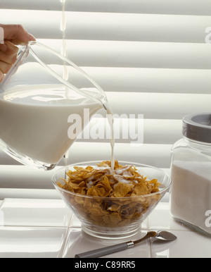 Bol de céréales et de verser le lait pour le petit déjeuner Banque D'Images