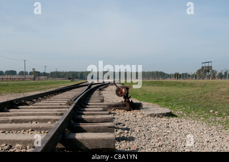 Des voies de chemin de fer menant à l'arrivée de nouveaux détenus d'évitement, d'Auschwitz II-Birkenau camp de concentration et d'extermination, Pologne Banque D'Images