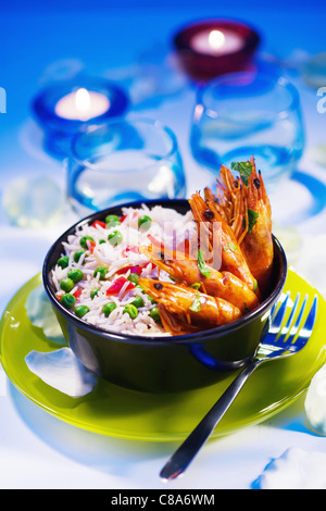 Crevettes flambées et de Riz aux pois