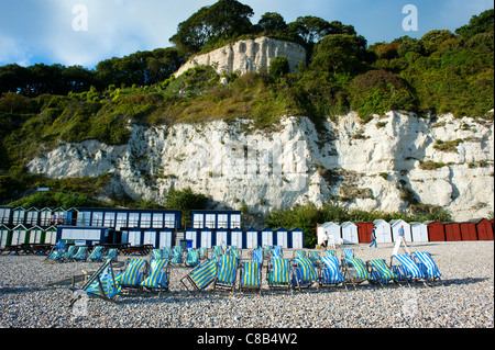 Des chaises longues et des cabines de plage sur la côte jurassique au Beer Devon, Angleterre Banque D'Images