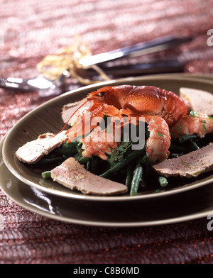 Haricot vert, salade de foie gras et de langouste Banque D'Images