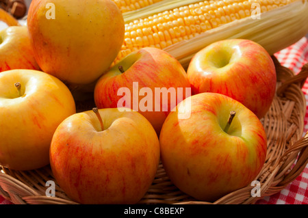 Rubens Les pommes et les épis de maïs dans le panier dans la lumière du soleil Banque D'Images