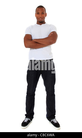 Longueur totale d'un joli coup homme noir. Le tout sur fond blanc. Banque D'Images