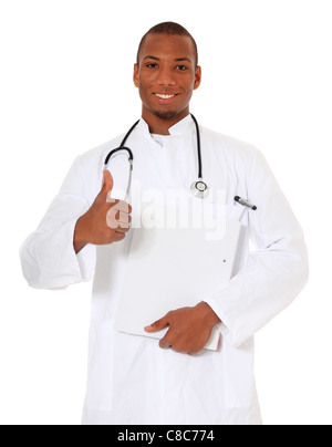 Belle black doctor showing Thumbs up. Le tout sur fond blanc. Banque D'Images