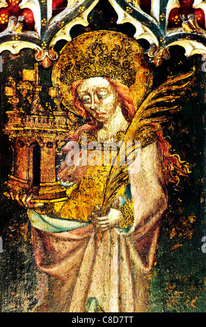 Filby, Norfolk, jubé. Saint Barbara avec tour du château et branche de palmier femme saint saints English écrans médiévale Banque D'Images