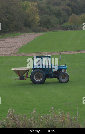 L'épandage d'engrais artificiel Ford Tracteur agricole croissante sur le gazon, UK Banque D'Images