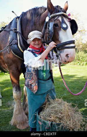 Grand cheval anglais Shire et propriétaire de femme âgée à une foire de campagne. ROYAUME-UNI Banque D'Images