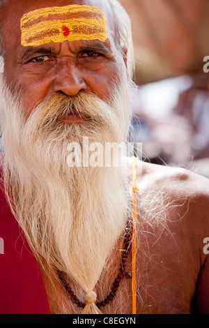 Sadhu hindou saint homme avec les marques traditionnelles de symbole de Shiva en street en ville sainte de Varanasi, Benares, Inde du Nord Banque D'Images