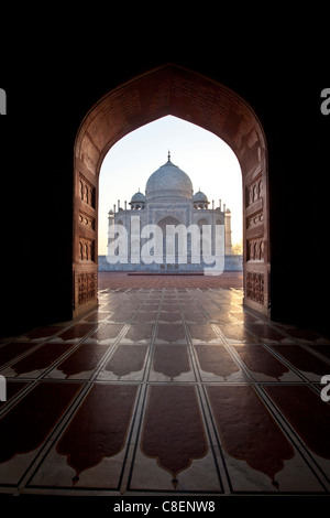 Le Mausolée du Taj Mahal vue ouest vue du Taj Mahal mosquée avec ses carreaux de sol tapis de prière à l'aube, de l'Uttar Pradesh, Inde Banque D'Images