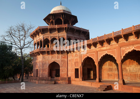 La mosquée Taj Mahal en marbre blanc et grès rouge dôme à l'aube, de l'Uttar Pradesh, Inde Banque D'Images