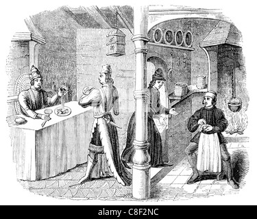 Anglo saxon cuisine et cheminée cuisine chambre cuisinière cuisinière préparation cuire évier robinet robinets cabinet armoires gamme alimentaire feu ouvert Banque D'Images