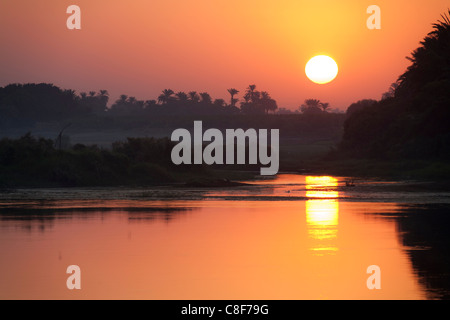 Golden disque solaire reflétée dans le Nil au lever du soleil, l'Égypte, l'Afrique Banque D'Images