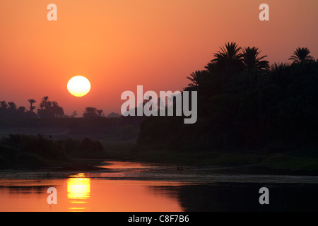 Golden disque solaire reflétée dans le Nil au lever du soleil, l'Égypte, l'Afrique Banque D'Images