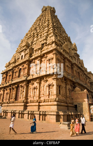 Pèlerins indiens marcher sous le Vimana du Temple Brihadeeswarar (Grand Temple) à Thanjavur (Tanjore, Tamil Nadu, Inde Banque D'Images