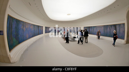 Les visiteurs et les touristes d'admirer des Nymphéas de Claude Monet, Musée de l'Orangerie Musée, Paris, France Banque D'Images