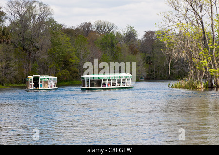 Deux bateaux à fond de verre de se croiser sur les visites de la rivière d'argent à Silver Springs State Park à Ocala en Floride Banque D'Images